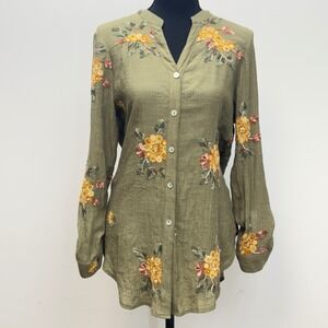 Anthropologie‎ Fig and Flower Embroidered Floral Button Down Top Olive Green S